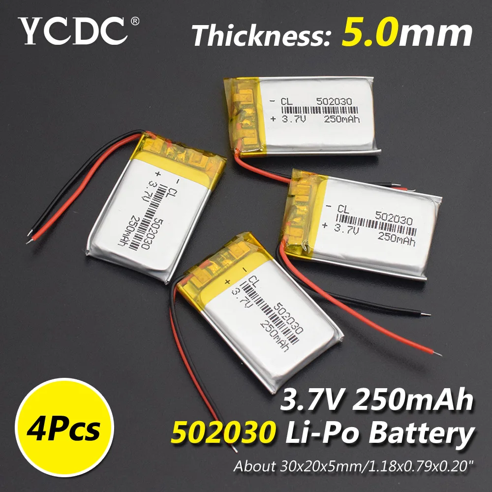 502030 250mAh 4pcs Модель 502030 3,7 v 250mAh литий-ионная Lipo ячейка литий-полимерная аккумуляторная батарея для MP3 MP4 Динамик Тахограф Автомобильный видеорегистратор - Цвет: 502030 250mAh 4pcs