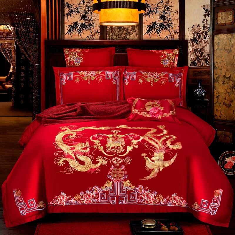 

Новый 100% хлопок Китайский единорог роскошный свадебный комплект постельного белья с вышивкой: пододеяльник, простынь, наволочки для подуше...