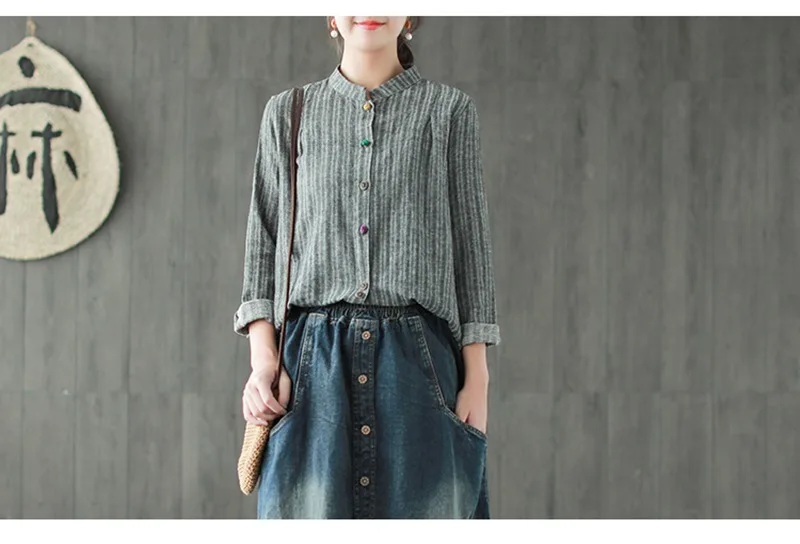 Mferlier Women Blouse Stand Collar Long Sleeve Panelled Colorful Buttons Cotton Linen Artsy Ladies Autumn Blouse