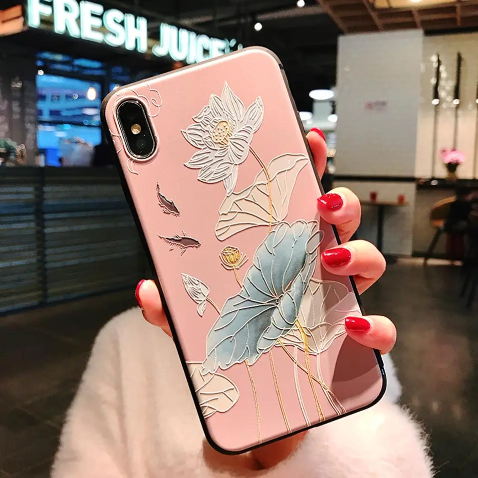 Чехол Emboss в китайском стиле для телефона чехол iPhone 6 S 7 8 Plus Capa XS XR XSMax Lotus Back X |