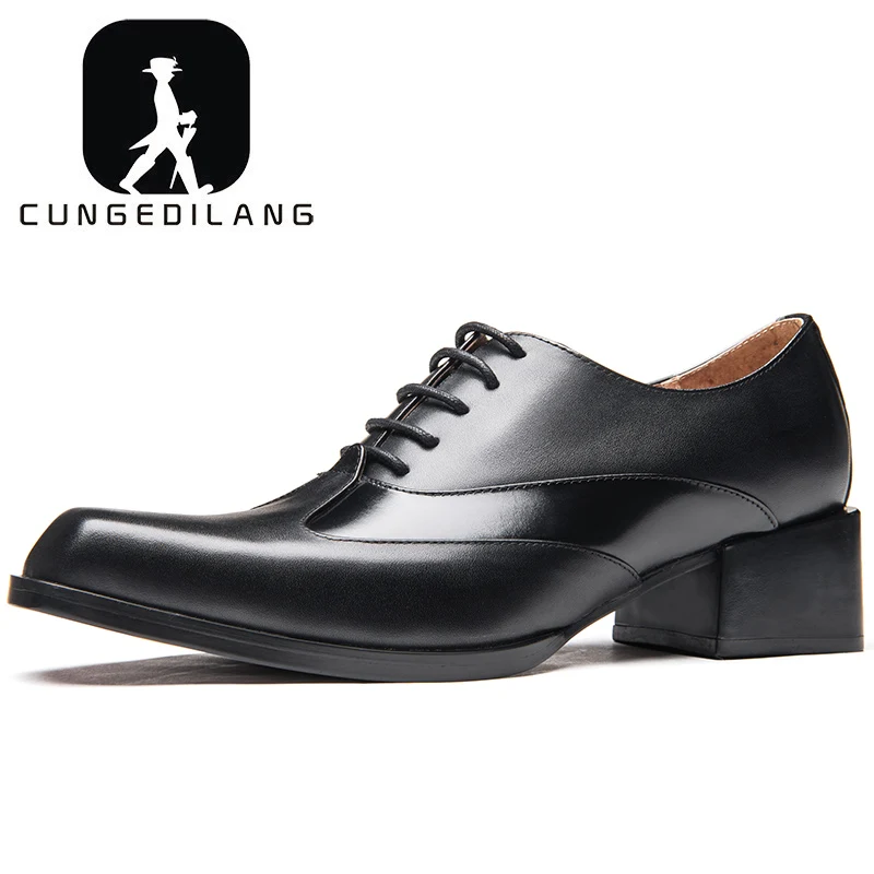 

New high heels mens dress shoes genuine leather square toe career work shoes men height increase fashion wedding shoes black