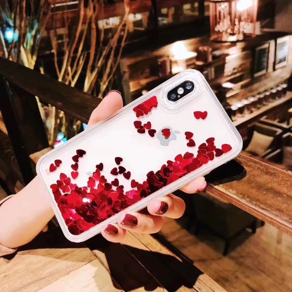 Блестящий чехол для телефона с сердечком iphone 6 7 8 Plus X XR XS MAX блестящий зыбучим