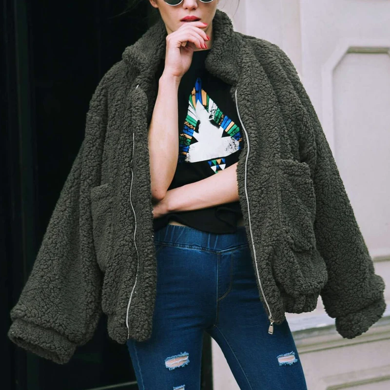 Женское пальто из ягненка винтажная Свободная куртка с карманами осенне зимнее