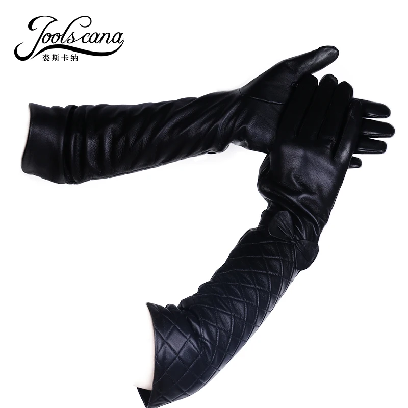 Длинные женские кожаные перчатки JOOLSCANA зимние итальянские натуральные с бантом и