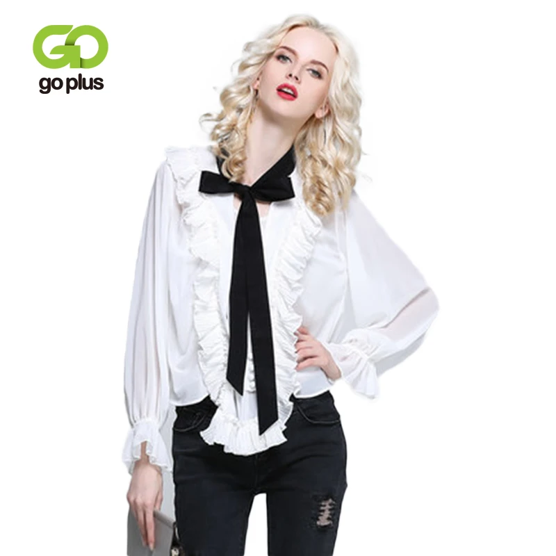 GOPLUS 2019 Весенняя белая шифоновая блузка с оборками женские кружевные футболки