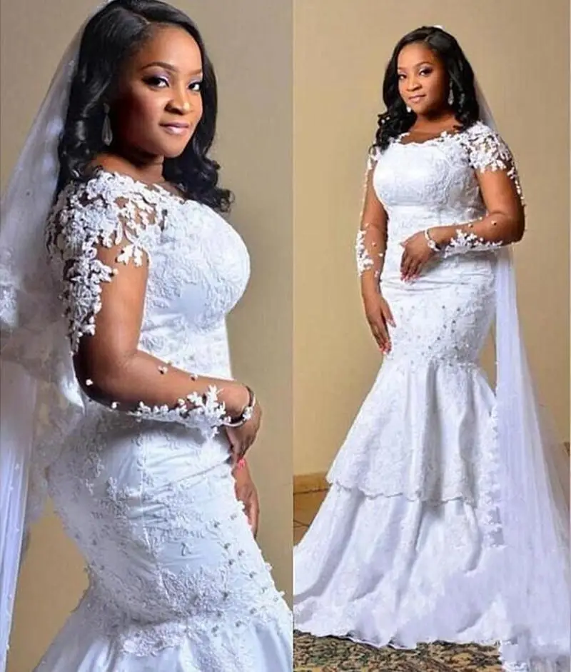 South African Mermaid Wedding Dress Lace Appliques Sheer Long Sleeves Bridal Gowns Plus Size Sweep Train Vestidos | Свадьбы и