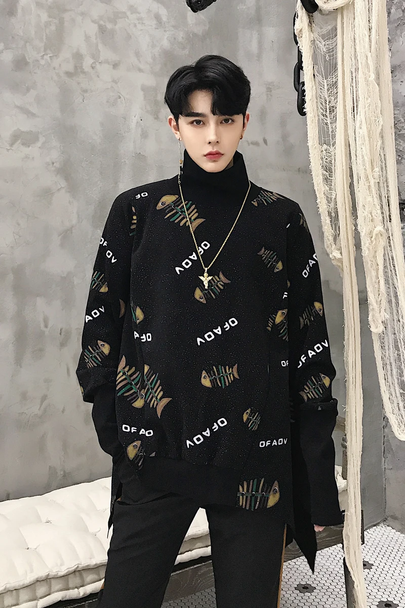 

M-XL! Spring and autumn new dark hair stylist youth jacket men's small high collar fish bone print loose bat shirt .