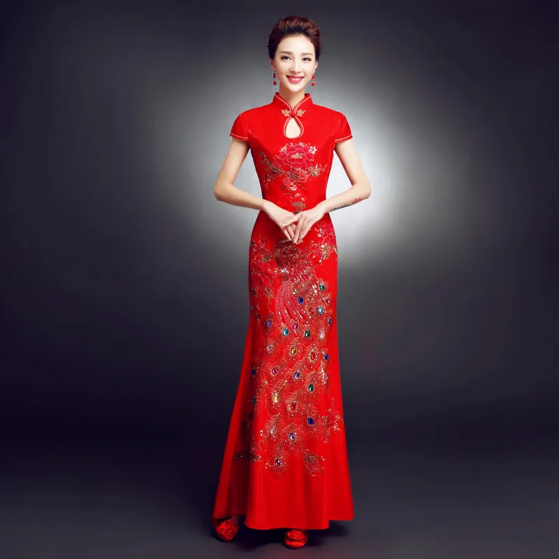 Gules невесты Cheongsam жениться Вечернее Платье Весна длинным Фонд рыбий хвост