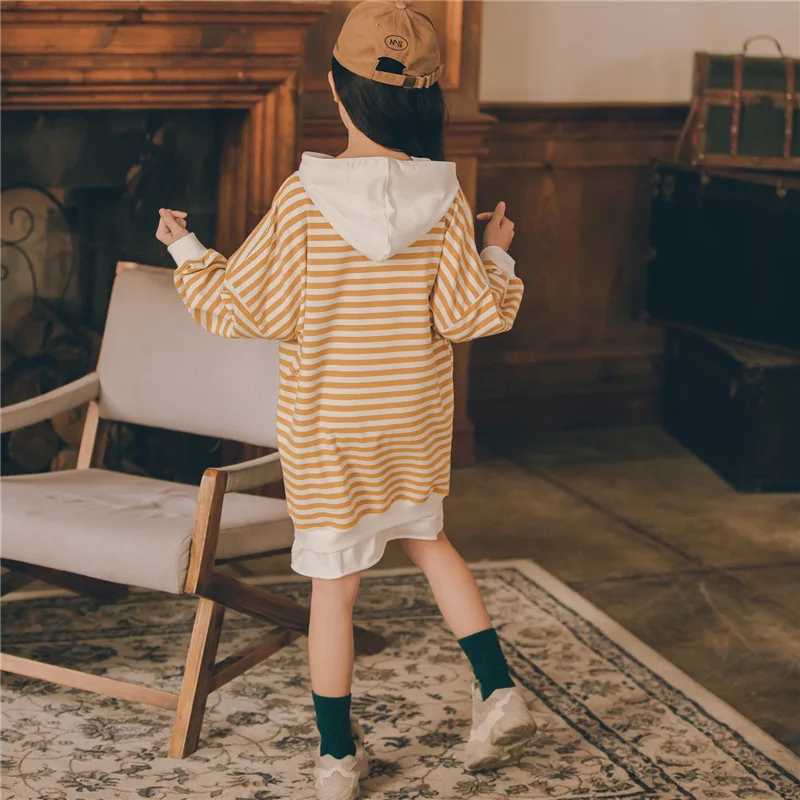 

Korea ins style long sleeve stripe hooded fashion cotton girl kids dress for fall