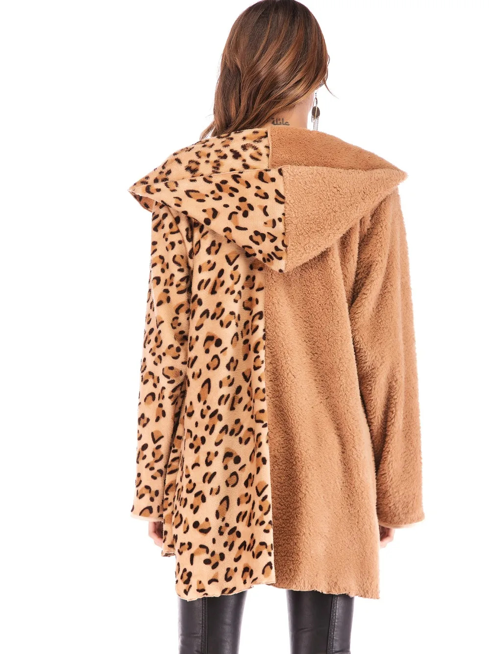 

JSXDHK Fashion Autumn Winter Women Open Stitch Coat Women Lambswool Spliced Leopard Long Sleeve Casual Hooded Loose Overcoat