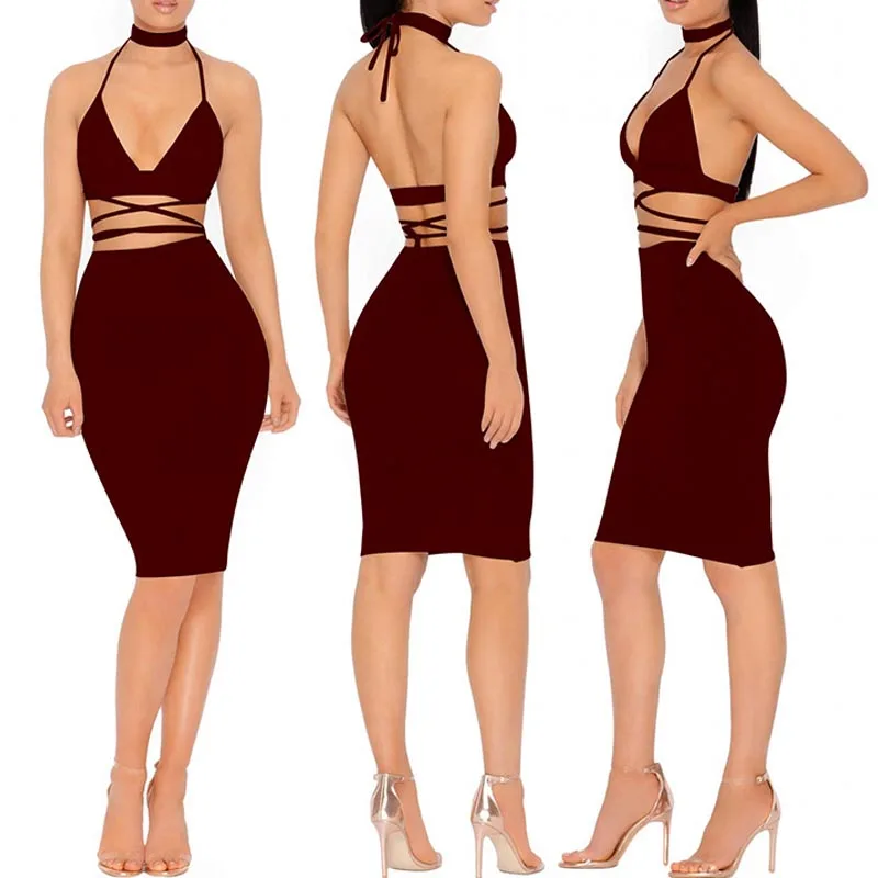 New Hot Sexy Women Bandage Bodycon Halter V-neck Lace Up Crop Top+Skirt Two Piece Set Party Clothes YAA99 | Женская одежда
