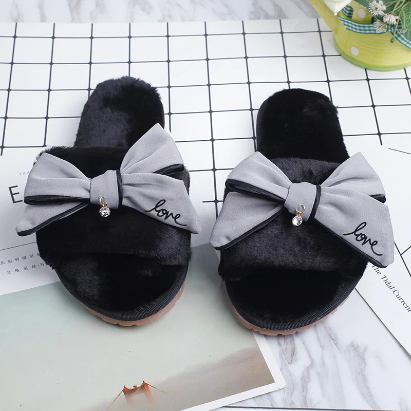 Тапочки на меху с большим бантом для женщин милые розовые меховые сандалии