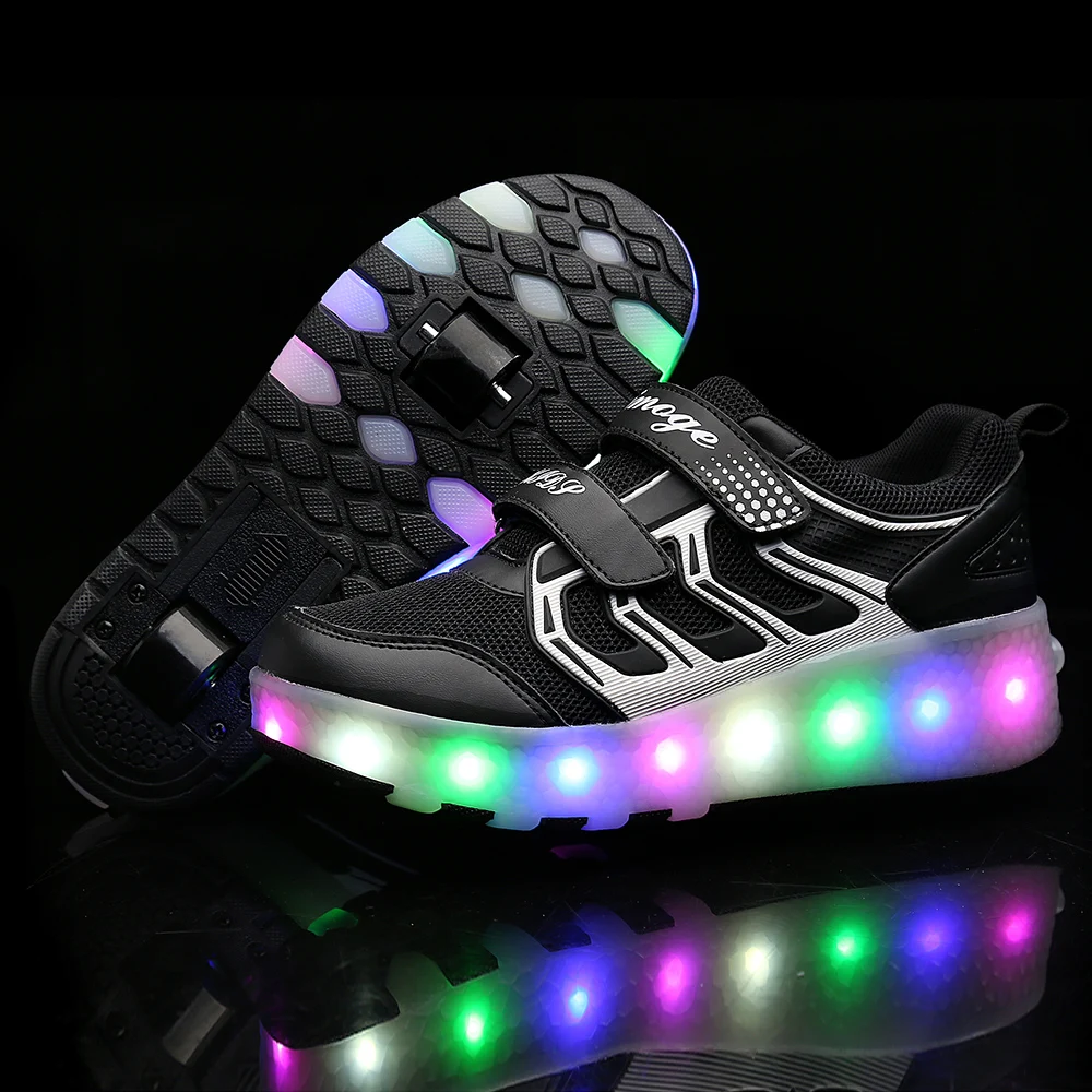 New Pink Black USB Charging Fashion Girls Boys LED Light Roller Skate Shoes For Children Kids Sneakers With Wheels Two wheels | Детская