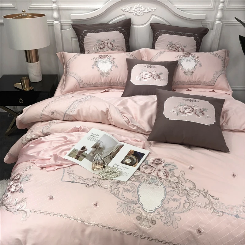 Роскошные 60S Египетский хлопок цветы вышивка Европейский дворец стиль розовый