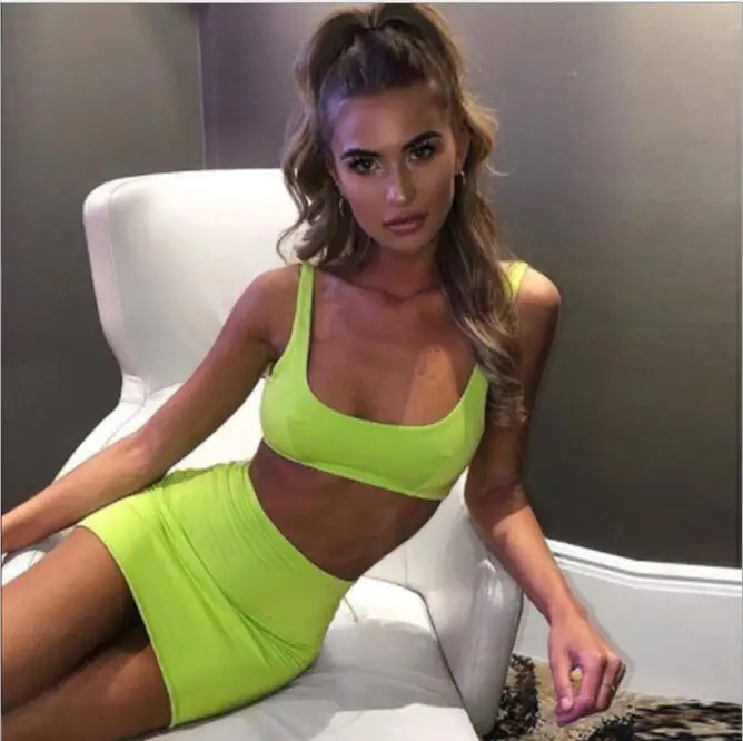 

neon green sling crop top and high waist short skirt two piece set 2019 new summer women sexy club outfits backless