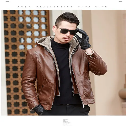 CAMEL Большие размеры, L-6XL, мужское теплое зимнее пальто, кожаная зимняя куртка с капюшоном, меховая подкладка, кожаная куртка, верхняя одежда, парка, модная Съемная шапка - Цвет: CAMEL