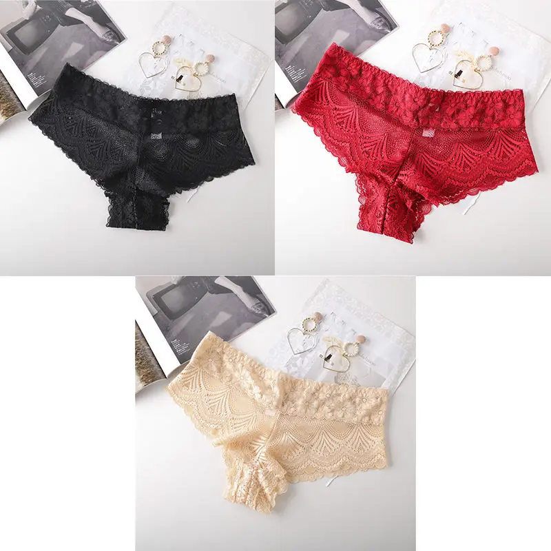 black red nude 3 шт., женские трусики, сексуальное кружевное нижнее белье с низкой талией, Женские Дышащие прозрачные брендовые качественные новые женские трусики BANNIROU - Цвет: black red nude