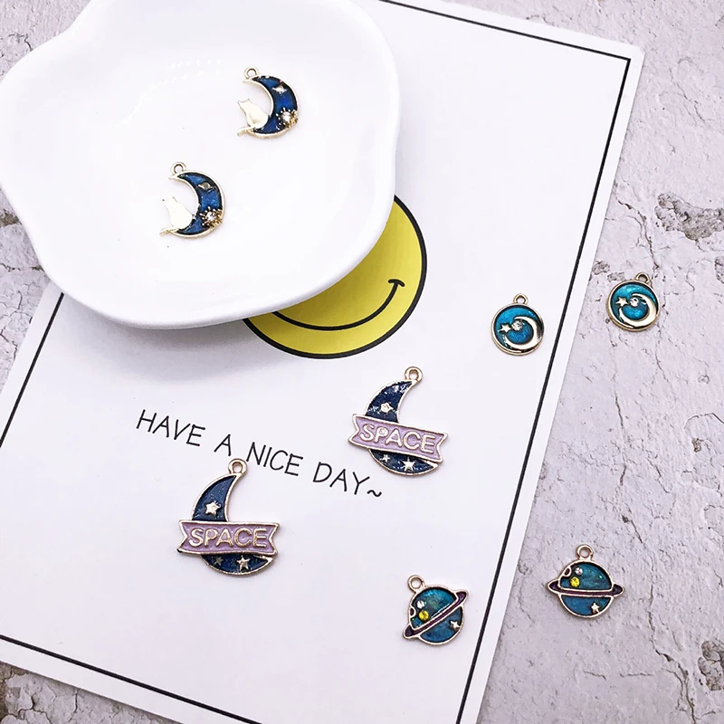 10pcs/bag Blue Moon Planet Stars Cat Enamel Charms Oil Drop Alloy Space Pendants Earring Bracelet DIY Jewelry Accessories YZ379 | Украшения