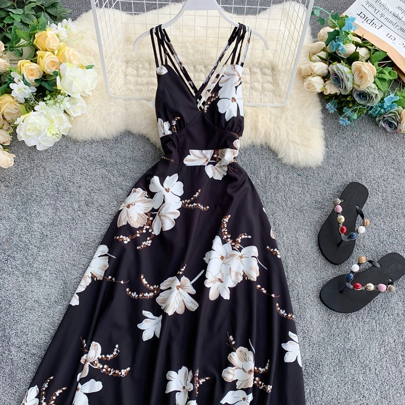 Женское шифоновое платье на бретелях Vestidos Verano длинное облегающее с v-образным