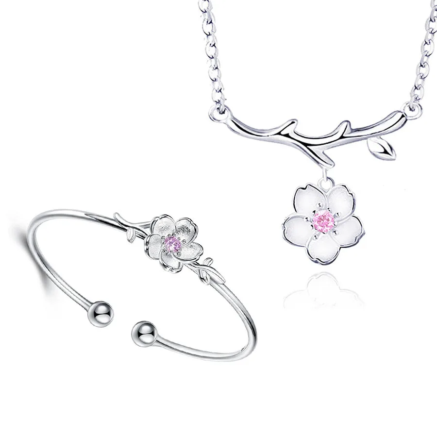 Fashion Jewelry Sets Net Red Cherry Blossoms Pendant Necklace Bracelet Flower Anti Allergy Bangle For Women Girl Gift | Украшения и
