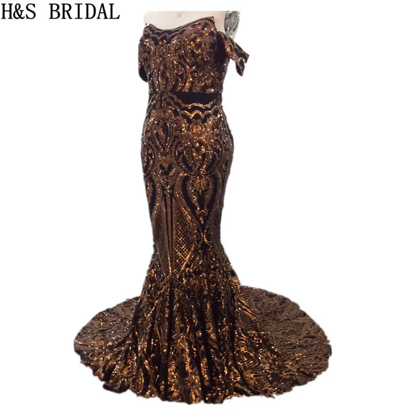 H&ampS BRIDAL Off Shoulder Mermaid Prom Dresses Gold Sequin Luxury Vintage Arabic Evening 2020 Plus Size robe de mariee | Свадьбы и