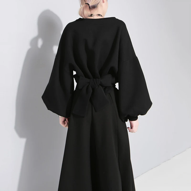 TWPTWINSTYLE пояс лук Толстовка для женщин латерн рукав круглый воротник короткий пуловер Топы Осень Зима Женская свободная модная одежда