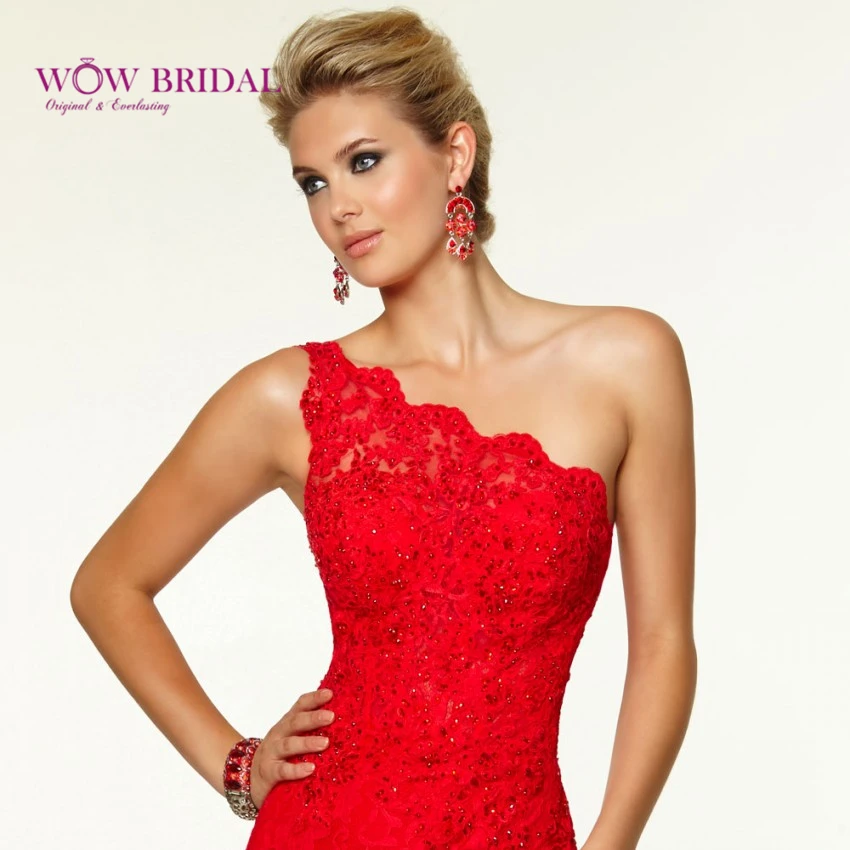 Wowbridal Дешевое кружевное вечернее платье русалки на одно плечо с Боковым Разрезом