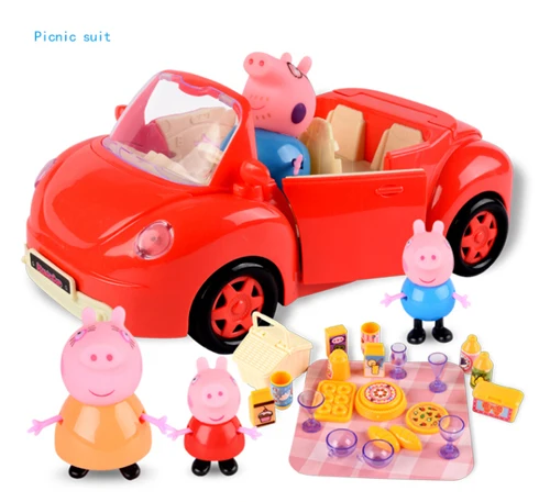 Car And Family 4 Pcs Оригинальная Свинка Пеппа мобильный медицинский центр классная сцена Фигурки игрушки Пеппа Джордж стол стул сумка для хранения детская игрушка подарок - Цвет: Car And Family 4 Pcs