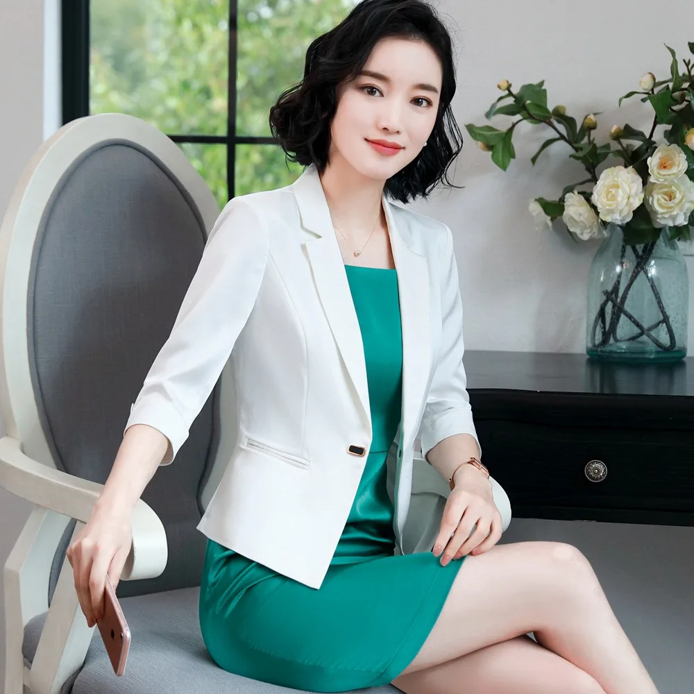 Fmasuth 2018 Women Office Dress Suit 3/4 Sleeve White Jacket+Sleeveless Green Work Set Blazer Lady 111NHE881311 | Женская одежда