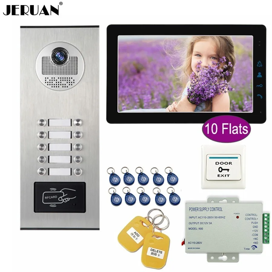 JERUAN Apartment 9 inch Touch key LCD Video Door Phone Doorbell Intercom System Kit HD RFID Access Camera For 10 Households |