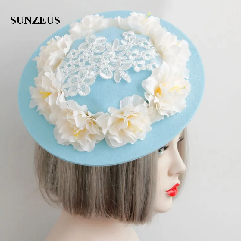 Blue Hat with Artificial Flowers Charming Bridal Wedding Hats Elegant Lace Holloween Party Girls Hair Accessories SH09 | Свадьбы и