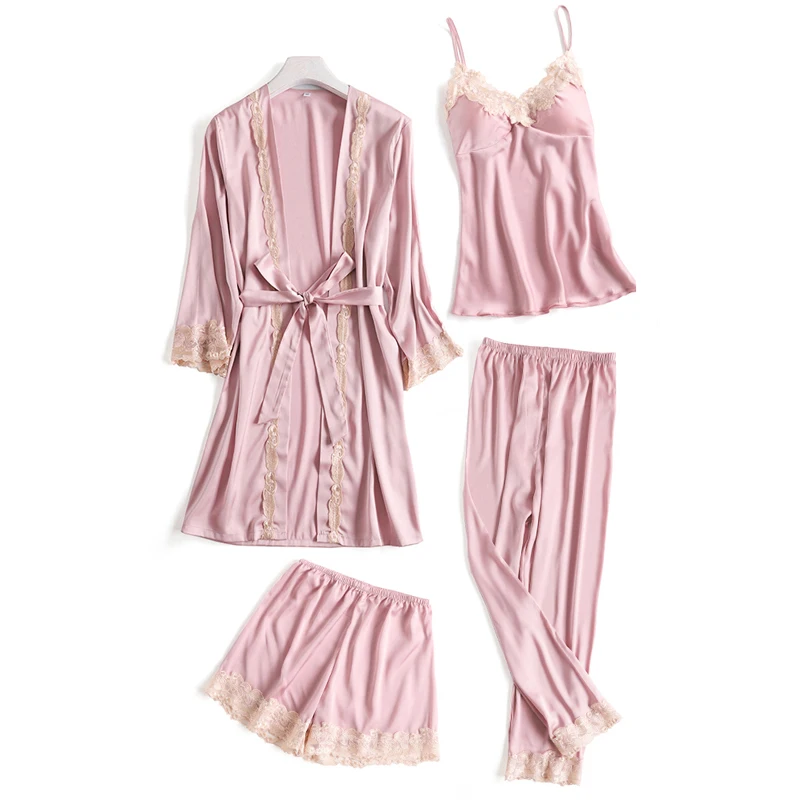 

Fiklyc brand four pieces women's bathrobe + tops + short pants + long pants pajamas sets satin & lace patchwork V-neck sleepwear