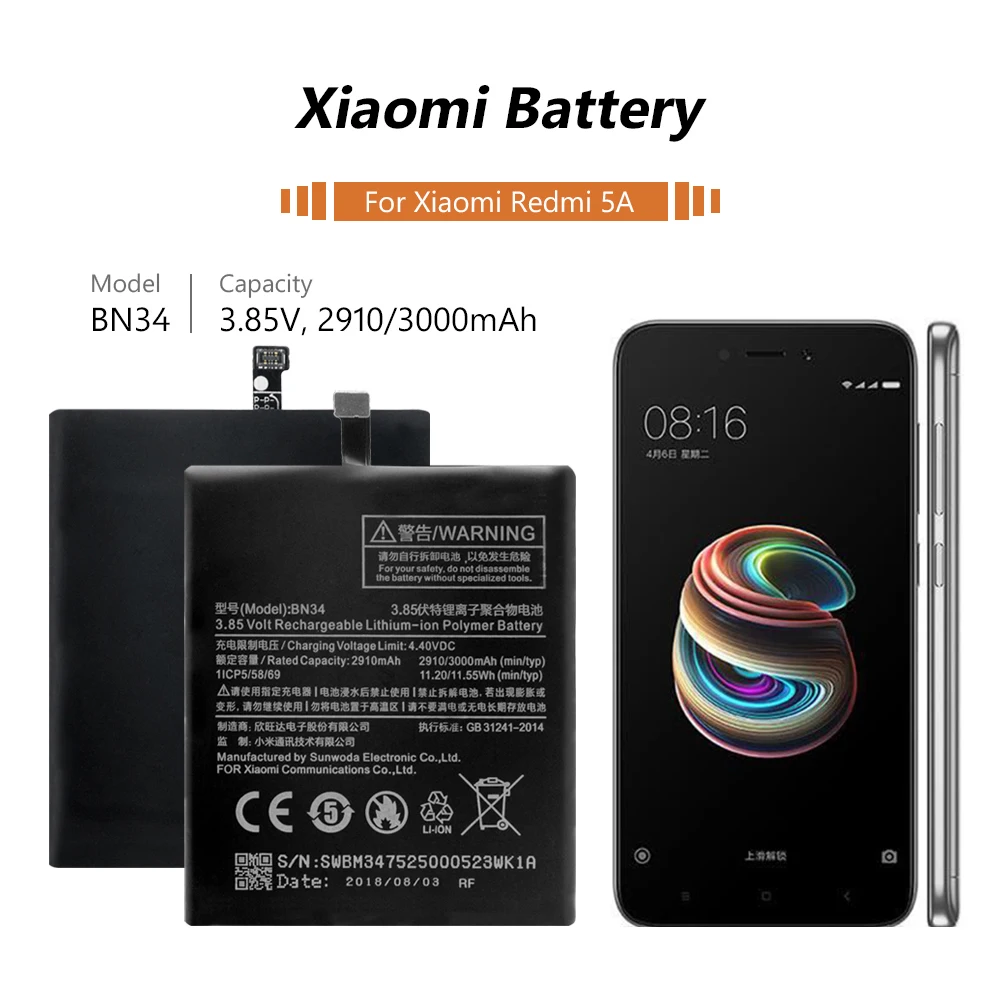 Сменная батарея BN34 для Xiaomi Mi Redmi Hongmi 5A 5 0 &quotRedrice новая телефонная 3 85 В 3000 мАч BN 34
