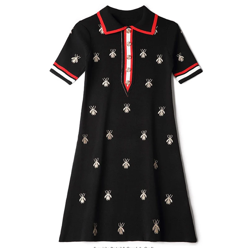 Летние женские отложной воротник с вышивкой пчелы вязанные Мини платья в