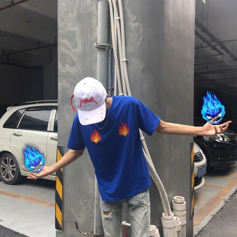 Корейские женские летние модели Харадзюку стиль сплошной цвет Пламя Печать