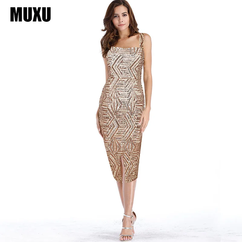 MUXU/пикантная Летняя женская одежда вечернее платье с блестками Золотое