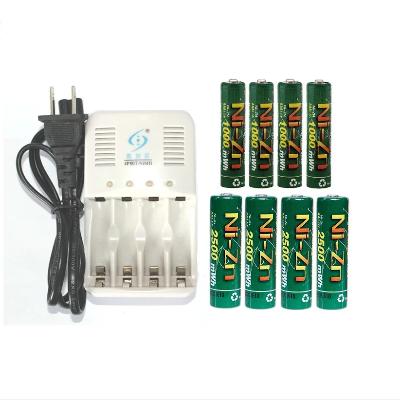 4 шт./карта AA батареи 1 6 в 2500mWh перезаряжаемые + 1000mwh AAA NI ZN аккумуляторная батарея