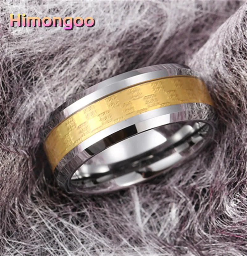 

HIMONGOO 8MM Mens Tungsten Carbide Ring Engagement Wedding Bands Inlay Gold Carbon Fiber Comfort Fit