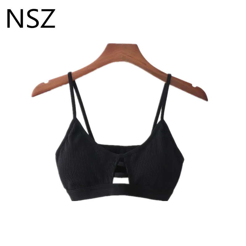 NSZ женский черный топ с лямкой на шее летний укороченный без рукавов бретелях