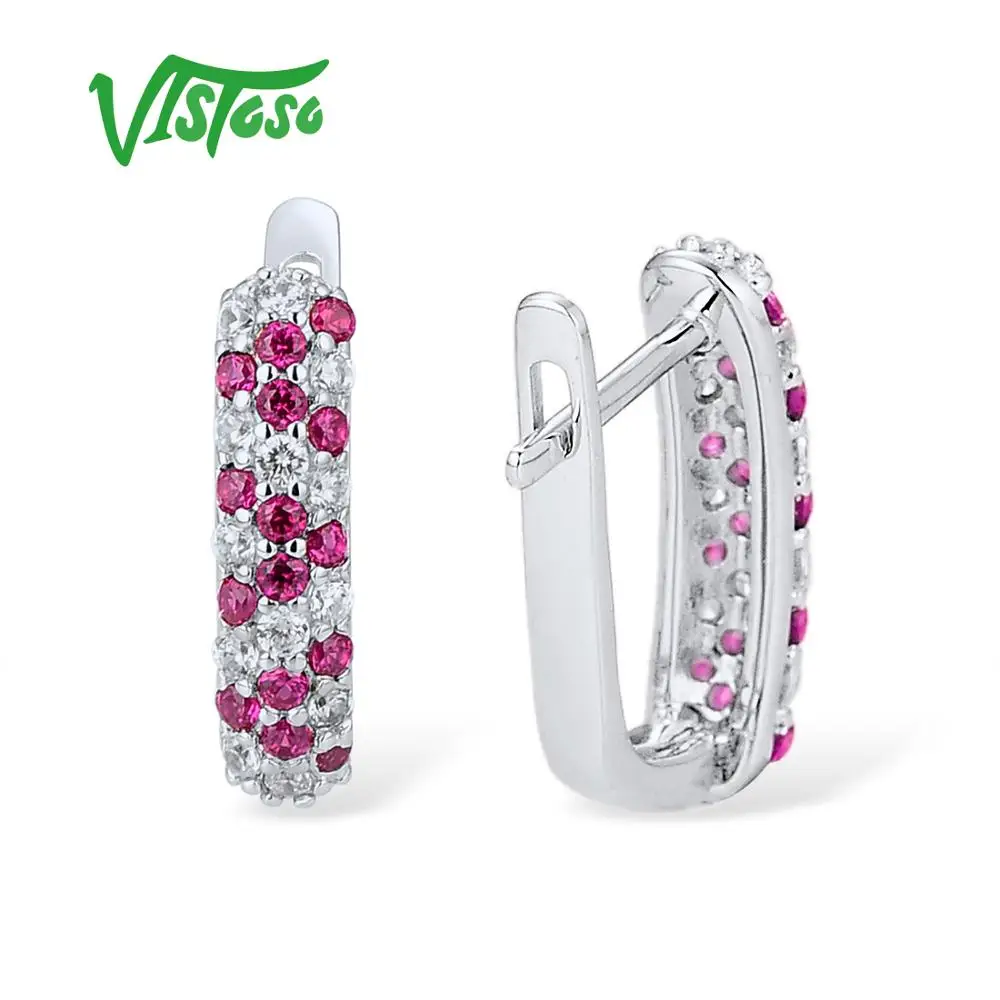 VISTOSO серебряные серьги гвоздики для женщин светящиеся красные шпинели белые CZ