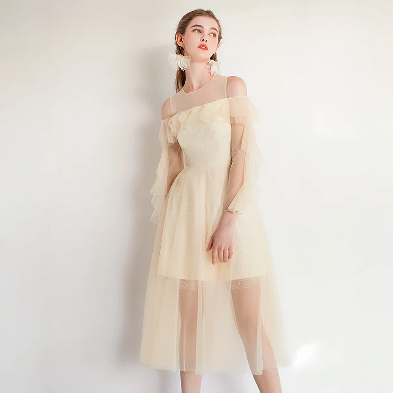 He's Bride Dream Champagne Lace Cocktail Party Dress Simple Zipper Back Tea-Length Long Sleeves for Women Robe De Soiree | Свадьбы и
