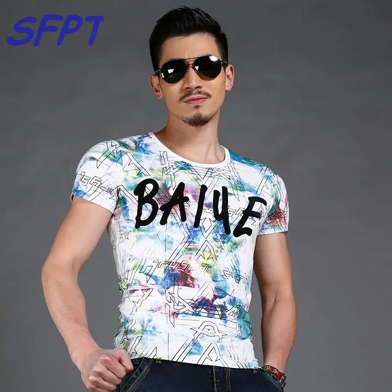 Лето 2017 г. мужские повседневные футболки с круглым вырезом Белый Геометрический