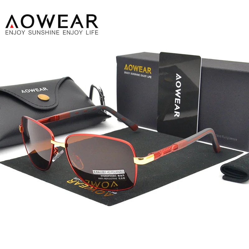 AOWEAR, солнцезащитные очки для вождения, мужские, поляризационные, голубое покрытие, зеркальные, для вождения, солнцезащитные очки, Роскошные, UV400, оттенки, для улицы, очки, мужские - Цвет линз: C6 Red Brown