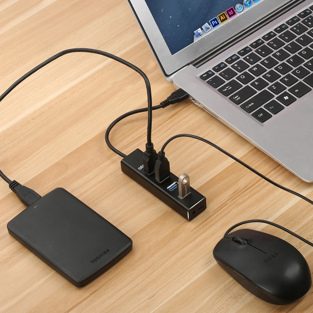 Atolla 4-Порты и разъёмы USB 3,0 центр данных Алюминий USB 3 удлинитель сплиттер с блоком питания постоянного тока/микро USB Порты и разъёмы для Питание и OTG USB флэш накопитель для планшетного компьютера
