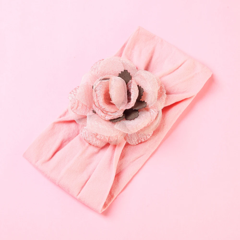 Diadema lisa de flores para beb&eacute;, bandas para la cabeza de nailon para ni&ntilde;a, turbante rosa para fiesta de reci&eacute;n nacido, accesorios para el cabello-3