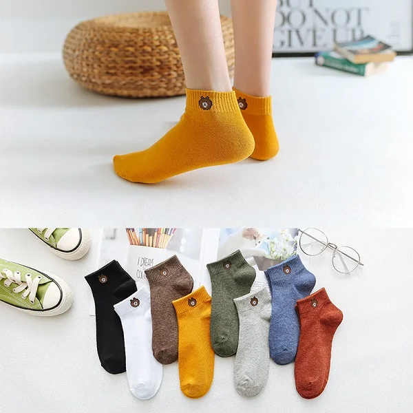 5 Pairs Bear Socks Женские носки для девочек, весна-лето, новые женские хлопковые невидимые нескользящие носки, короткие носки с милым медведем, 5 пар, 8 пар - Цвет: 5 Pairs Bear Socks