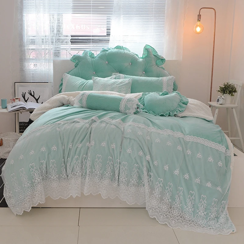 Blue Pink Purple Soft Berber Fleece Princess Girl White Lace Bedding Set Fleece Fabric Duvet Cover Bed sheet/Linen Pillowcases