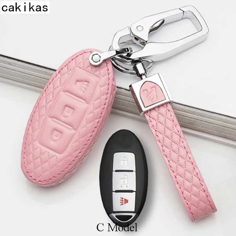 C Model Pink Чехол для ключей автомобиля из натуральной кожи для Nissan Infiniti EX FX G25 G37 FX35 EX25 EX35 FX37 EX37 Q60 QX50 Интеллектуальный брелок - Название цвета: C Model Pink
