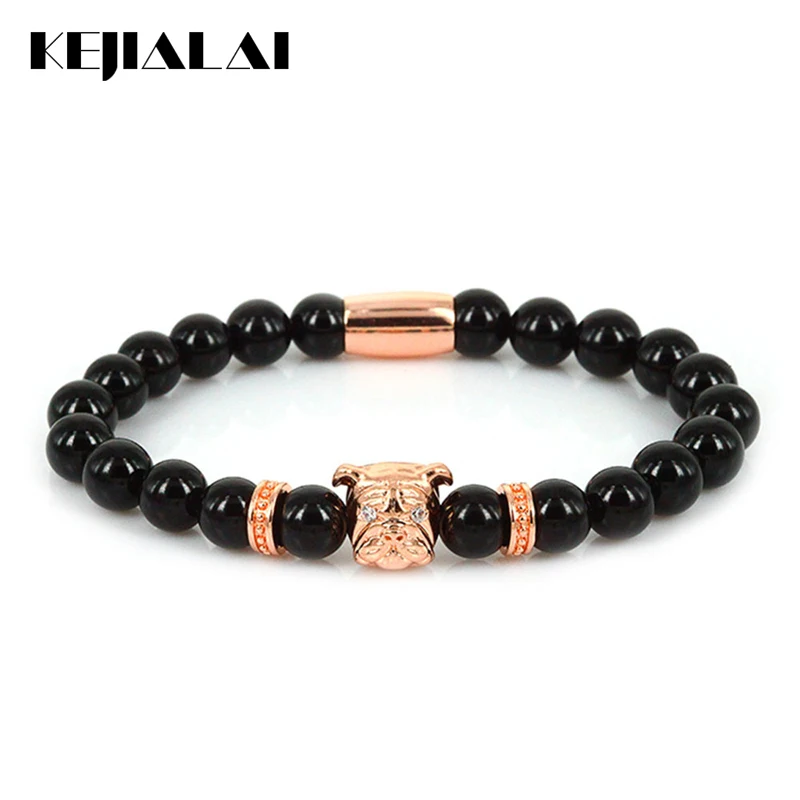 KEJIALAI Lucky Gem 2018 Fashion Men Jewelry Bulldog Charm Bracelet Women 8mm Black Stone Beads Pulseras Masculina Mantra Prayer | Украшения