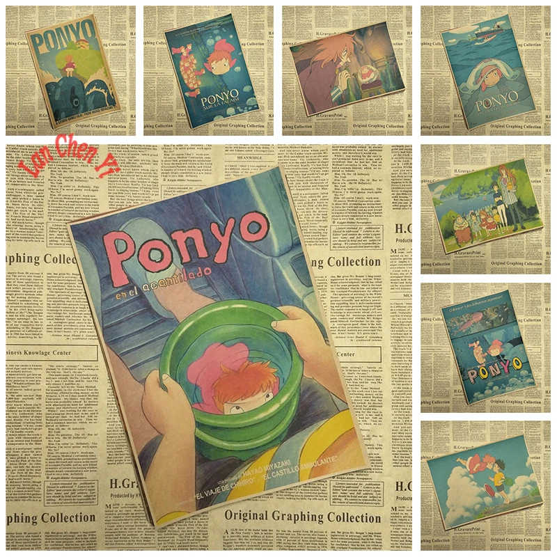 Ponyo на скале Хаяо Миядзаки мультфильм фильм крафт бумага Плакат Бар Кафе гостиная столовая детская комната декоративные картины